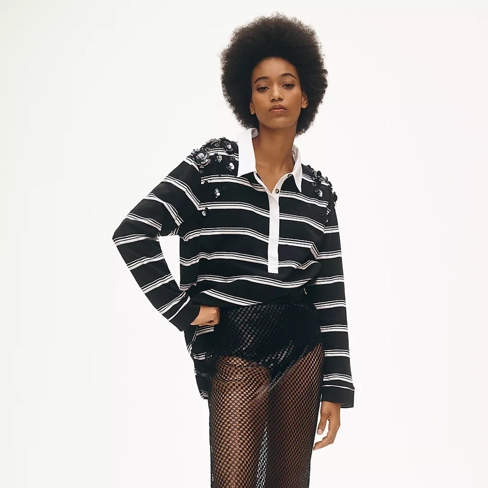 NWT Maeve Anthropologie‎ It Girl Polo Top Black White Stripe Long Sleeve Top